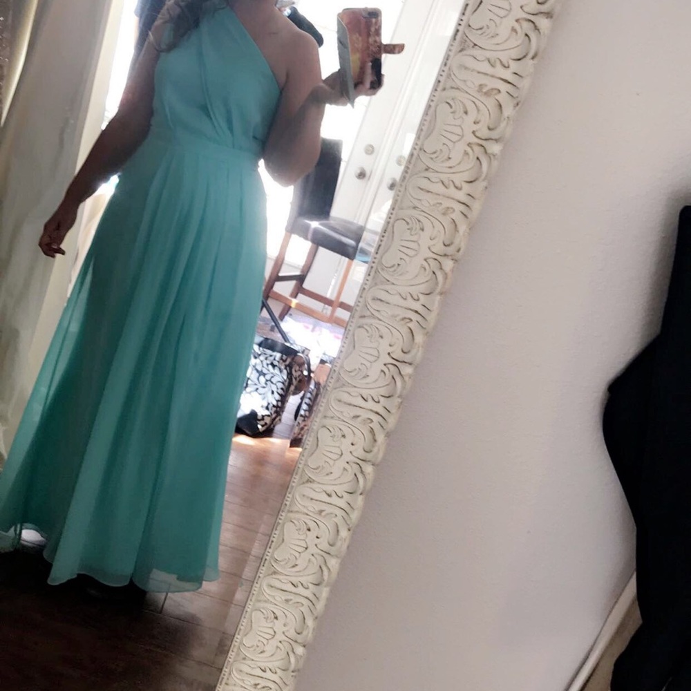 David's Bridal Green Pleated Halter Gown